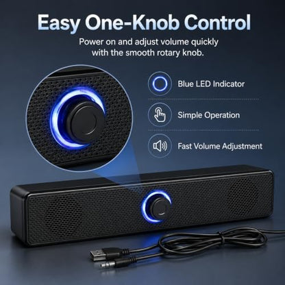 Computer Speakers USB-A Powered Wired Stereo Desktop Speakers with 3.5mm Aux Plug No Bluetooth for PC Laptop 2026, Black - color: Black