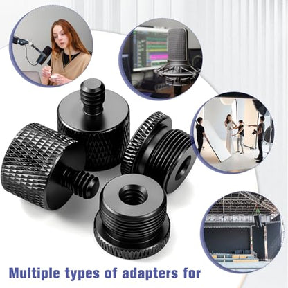4 PCS Mic Stand Adapter, 5/8 Female to 1/4 Male and 1/4 Female to 5/8 Male Screw Thread Set, Microphone Tripod Adapter for Mic Stand Boom Arm Camera