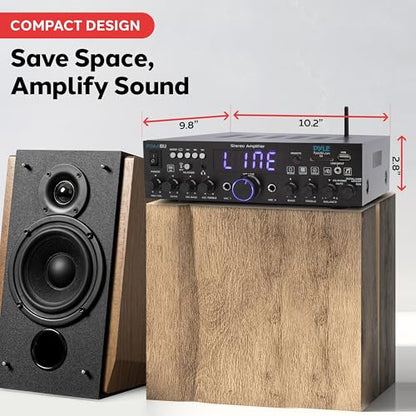 Pyle Wireless Bluetooth Home Stereo Amplifier- Multi-Channel, 200W Power Amplifier, Home Audio Receiver System w/ Optical/ Phono/ Coaxial, FM Radio, USB/SD,AUX, RCA, Mic in, Antenna, Remote- PDA4BU.5