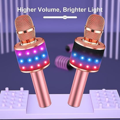 BONAOK Rose Gold Karaoke Microphone for Kids & Adults, Bluetooth Singing Mic with Disco Lights & Echo Effect, Built-in Battery Non-Detachable, Portable Karaoke Speaker Player for Party, Travel & Gifts - color: Rose Gold