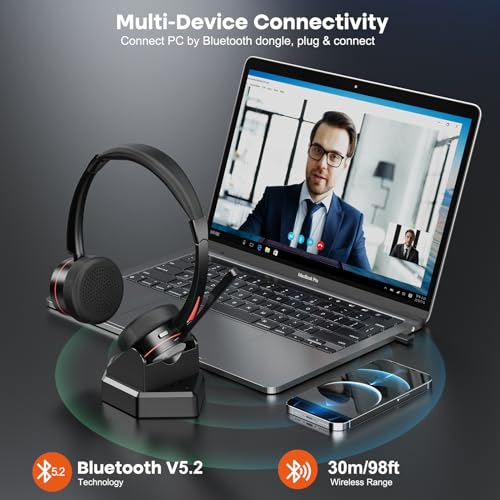 ENC Wireless Headset with Microphone for Mobile, Bluetooth Headset with Noise Cancelling Mic, USB Dongle & Charge Base for Office Work, for Calls Teams Zoom Webex Meeting, Telework