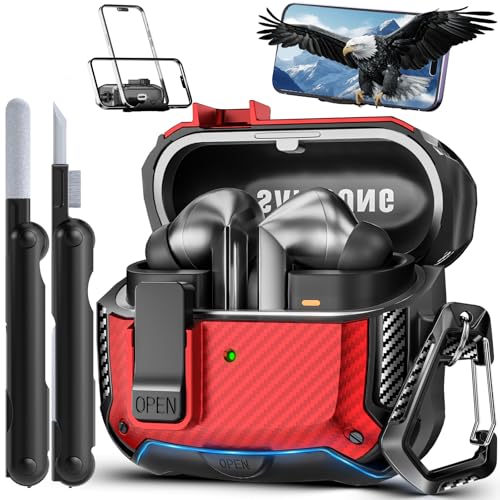 Safety Lock Case for Samsung Galaxy Buds3 FE/3/3 Pro (Red) | with Phone Stand,with Secure Lock Clip & Cleaning kit Full Body Shockproof Carbon Fiber Protection Design - color: C-Red