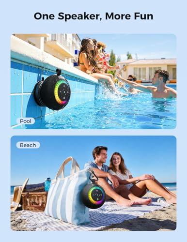 Bluetooth Shower Speaker IPX7 Waterproof: Removable Suction Cup, Black | 360° Surround Sound, Vacuum-Lock, RGB Light, Portable Wireless Speaker for Beach, Pool, Kayak, Gifts for Adults Teens - color: black