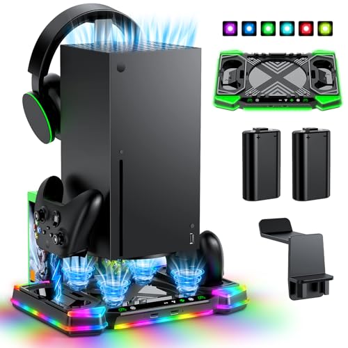 Upgraded Charger-Stand Cooling-Fan for Xbox Series X, 2x1400mAh Batteries | Dual Wireless Charger Dock Cooler System for Xbox Controller& Console,Accessories with 11 RGB Lights,2xRechargeable Batteries