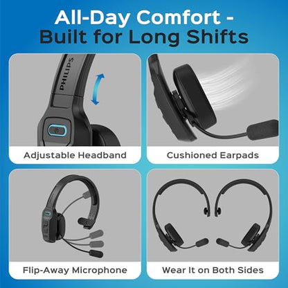 Philips Trucker Bluetooth Headset with Mic, Wireless Trucker Headset with AI Noise-Canceling Microphone & Instant Mute Button, Reliable Long Battery Life, Headphones for Drivers, Office, Call Centers