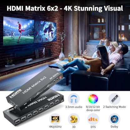 6x2 HDMI 2.0 Matrix Switch Splitter, 6 in 2 Out HDMI Matrix Switcher Selector Supports 4K@60Hz 18Gbps UHD HDR HDCP 2.2, with Remote Control & Optical SPDIF 3.5mm Audio Extractor, EDID Management - size: 4K 6X2 Matrix with EDID