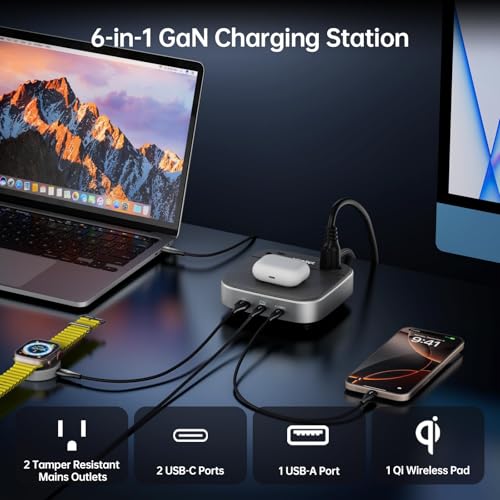 Charging Station 67W, 6 in1 iPhone Charging Station with USB Port | Wireless Charging, 2× AC Outlets, Desktop/Bedside/Nightstand GaN Multi Power Station for iPhone, Galaxy, Hotel-Grade, Grey - color: Grey