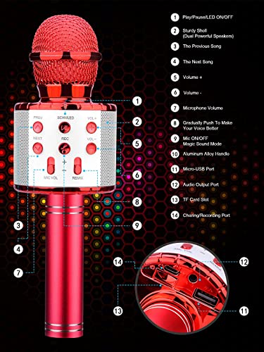 BlueFire 4 in 1 Karaoke Wireless Microphone with LED Lights, Portable Microphone for Kids, Great Gifts Toys for Kids, Girls, Boys and Adults (Red) - color: Red