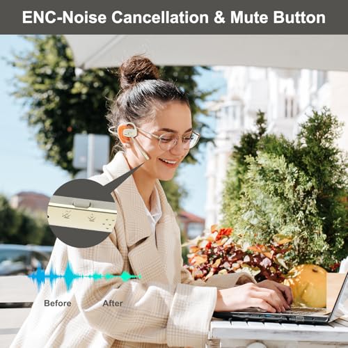 Open Ear Bluetooth V5.4 Wireless Headphones with Noise Cancelling Mic | 12H Playtime, 15.4mm Diaphragm Driver, Open Ear Headset for Office Meeting Running Cycling Driving (Beige)