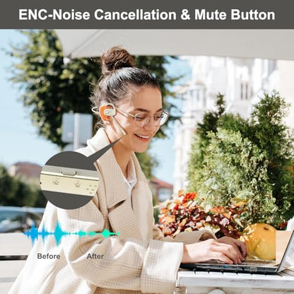 Open Ear Bluetooth V5.4 Wireless Headphones with Noise Cancelling Mic | 12H Playtime, 15.4mm Diaphragm Driver, Open Ear Headset for Office Meeting Running Cycling Driving (Beige)