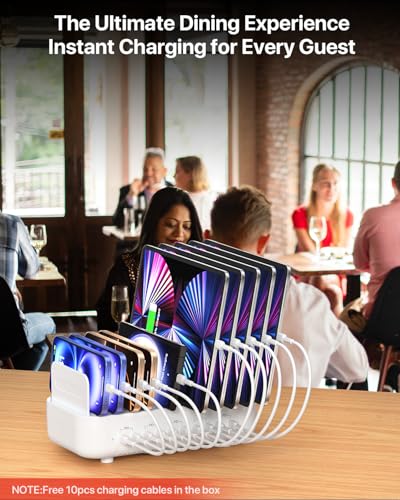 SooPii 100W 10-Port USB Charging Station, 10 USB-C PD Fast Charging Compatible with Phone,lPad,Galaxy, and Other Electronics, 10 Mixed Charging Cables Included (White) - color: White