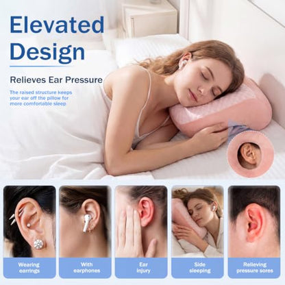 Youyole Pink Piercing Pillow for Side Sleepers, Ear Pillow Smooth Cooling Fabric, 11.8 x 9.8 x 4.7 Inch Raised for Sleeping with Earbuds, Earphones, Ear Pain, Pressure Relief Comfortable Sleeping - color: Pink