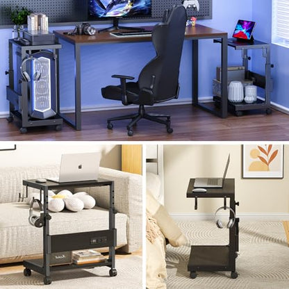 Computer Tower Stand with Charging Station, for Small and Mid-Tower PCs | Height Adjustable PC Stand with Wheel, CPU Holder with 2 AC Outlets + 2 USB Ports, 2-Tier Storage, Durable Metal Frame - color: Black