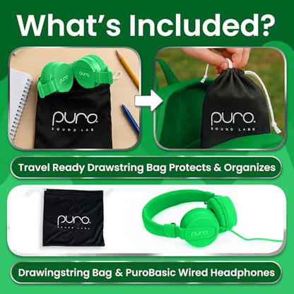 Puro Sound Labs - Kids Headphones, Volume-Limiting 85dB, PuroBasic, Green | Adjustable, Safer & Comfortable Headphones for Kids – Compatible with PCs, Smartphones & Tablets, Ideal for School & Travel - color: Green