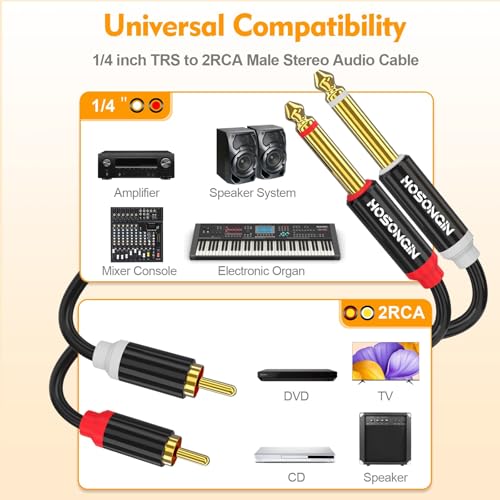HOSONGIN RCA to 1/4" Cable 25 Feet, Dual 1/4 inch TS to Dual RCA Gold Plated Heavy Duty Stereo Audio Interconnect Cable for Amplifiers, Speakers, AV Receivers | Oxygen-Free Copper, Tangle-Free Design - size: 25 Feet