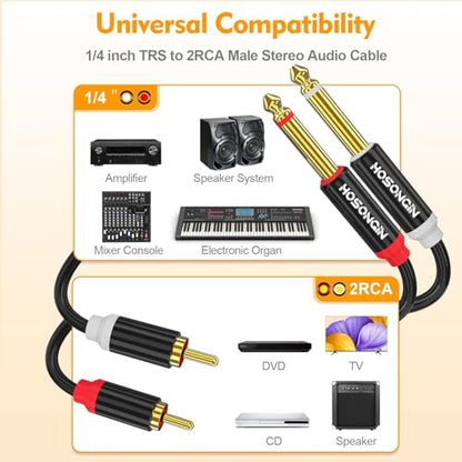 HOSONGIN RCA to 1/4" Cable 25 Feet, Dual 1/4 inch TS to Dual RCA Gold Plated Heavy Duty Stereo Audio Interconnect Cable for Amplifiers, Speakers, AV Receivers | Oxygen-Free Copper, Tangle-Free Design - size: 25 Feet