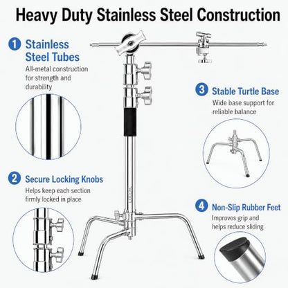Heavy Duty C-Stand with Boom Arm & Turtle Base - 210cm Stainless Steel Photography Light Stand Kit, 88cm Extension Arm, 2 Grip Heads, Sandbag & Carrying Case for Studio Softbox Monolight - size: 210CM CSTAND + BAG + SANDBAG + 4PCS CLAMPS