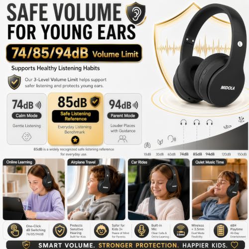 MIDOLA Kids Headphones Bluetooth 5.4 Wireless 68H Play Time Volume Limit 85/94dB Over-Ear Foldable Headset,Type-C Fast Charging,with Wired Aux Mic for Toddler Child Pad Tablet Black | Adjustable Headband Foldable Over-Ear Lightweight Headsets for Toddler