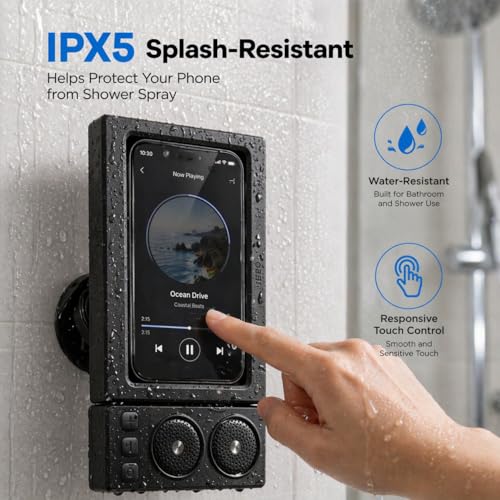 Waterproof Shower Phone Holder with Bluetooth Speaker, Wall Mount Phone Case for Bathroom, Dual Built-in Speakers, Touch Sensitive, Fog Resistant, Fits 4.7 to 7.0 Inch Phones (Black) - color: Black