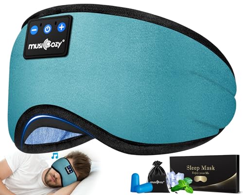 MUSICOZY Sleep Headphones Bluetooth 5.4 Sleep Eye Mask with HD Speakers | Soft Cotton Fabric, Flat Design, 14 Hours Playtime, Washable Headband Style for Side Sleepers, Travel Meditation Relaxation - color: Light Blue