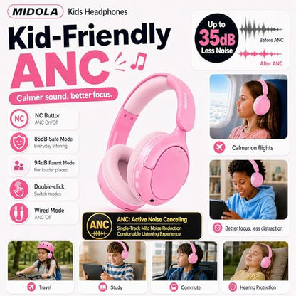 Kids Bluetooth Headphones Wireless,ANC, 68H,Safe Volume Limit 85/94dB Pink | Active Noise Cancelling,Adjustable Headband Foldable Over-Ear for Toddler Girls Boys Tablet/iPad,HD Stereo,Built-in Mic - color: Pink