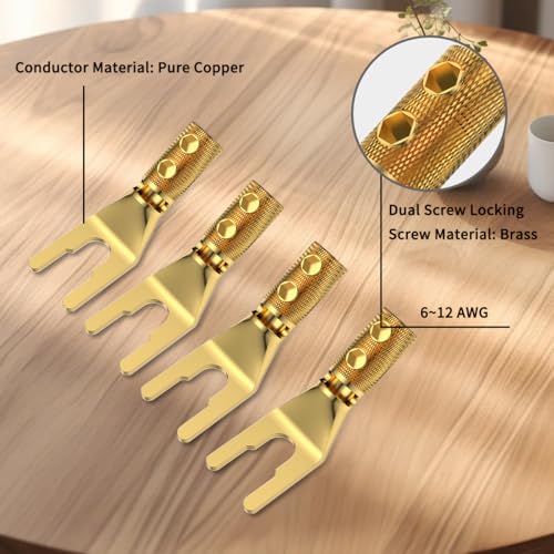 4PCS Spade Connector,45 Degree Pure Copper Audio Fork Y Spade Plug DIY with Heat Shrink Tubing and Hex Wrench,Double Screw Locking Speaker Cable Plug for Speaker Cables (Knurled Gold Plated) - color: Gold Plated Knurled Style