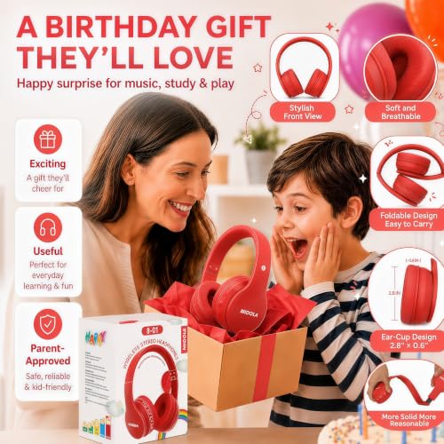 MIDOLA Kids Headphones Bluetooth 5.3 Wireless 60H Play Time Volume Limit 85/110dB Over Ear Foldable Protection Headset/Wired AUX Cord Mic for Children Boy Girl Travel School Phone Pad Tablet Red | Adjustable Headband Foldable Over-Ear Lightweight Headsets