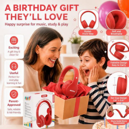 MIDOLA Kids Headphones Bluetooth 5.3 Wireless 60H Play Time Volume Limit 85/110dB Over Ear Foldable Protection Headset/Wired AUX Cord Mic for Children Boy Girl Travel School Phone Pad Tablet Red | Adjustable Headband Foldable Over-Ear Lightweight Headsets