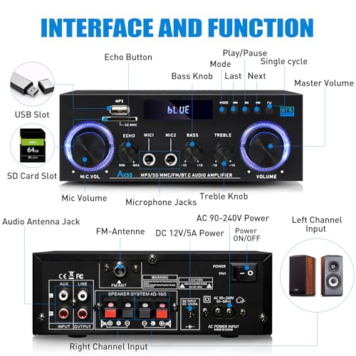AK50 Bluetooth 5.0 Audio Amplifier 400W 2 Channel Stereo Receiver | with FM, Echo, AUX, USB, SD, MIC Inputs,for Passive Speakers and Active subwoofer - color: black-AK50