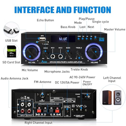 AK50 Bluetooth 5.0 Audio Amplifier 400W 2 Channel Stereo Receiver | with FM, Echo, AUX, USB, SD, MIC Inputs,for Passive Speakers and Active subwoofer - color: black-AK50