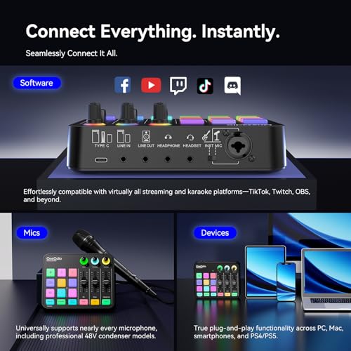 OneOdio Solocaster Gaming Audio Mixer, 5-Channel Interface, 48V XLR | Bluetooth, RGB lighting, USB-C and 3.5mm inputs for beginner streaming, podcasting, karaoke and PC, Mac or mobile use