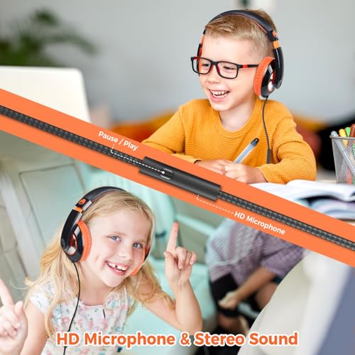 rockpapa Comfort+ Wired Kids Headphones with Microphone & 3.5mm for School - color: Orange/Black