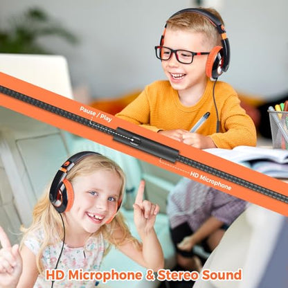 rockpapa Comfort+ Wired Kids Headphones with Microphone & 3.5mm for School - color: Orange/Black