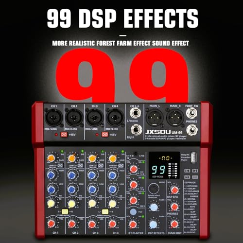 8-Channel Audio Mixer with 99 DSP Effects and 48V Phantom Power | DJ sound board mixer with Bluetooth, USB, XLR input, and stereo mixing for karaoke, studio, PC recording, and live use.