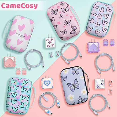 CameCosy Phone Charger Storage Case Set with Pink Hearts Carrying Case Bag with Cute 3D Love Cable Protector Set, Travel Cable Organizer,Soft Phone Earphone Charger Cover Compatible for iPhone