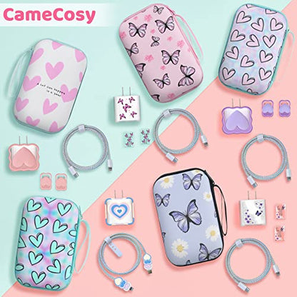 CameCosy Phone Charger Storage Case Set with Pink Hearts Carrying Case Bag with Cute 3D Love Cable Protector Set, Travel Cable Organizer,Soft Phone Earphone Charger Cover Compatible for iPhone