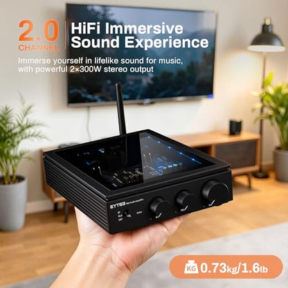P60 Wireless Stereo Amplifier for Passive Speakers, 300W x 2 TPA3255 2 Channel Mini Class D Home Audio Amp with PFFB, Bass Treble Control for Outdoor/Bookshelf/Turntable Speakers