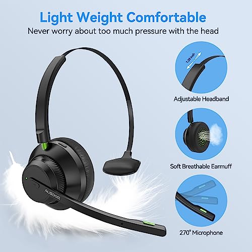 AUSDOM Trucker Bluetooth Headset with Microphone: A2301 Wireless 5.2 On-Ear Headset with AI Noise Cancelling Mic & Mute Button, 50H Playtime for Work from Home Office Call Center Cellphones Laptop