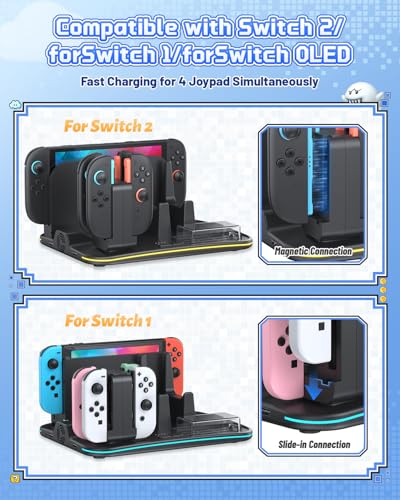 FASTSNAIL Charging Dock & Orgainzer Station & Fan for Nintendo Switch 2/1 | Charger Stand for Joycon 2/1, Storage for 4 Joypads, Pro Controller, 12 Card Slots, Headset Holder & NS2 Dock, 9 RGB Modes