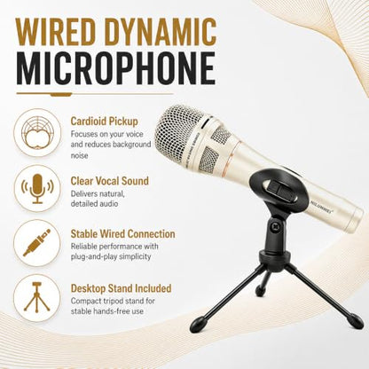 YS-36D Dynamic Microphone - Premium Vocal Microphone, cardioid directional wired microphone, with 14 foot XLR to 1/4 inch audio cable, desktop tripod, extension rod, microphone storage bag (champagne) - color: Champagne