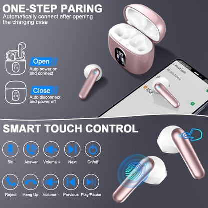 Wireless Earbuds, Bluetooth 5.4 Headphones 50H Playback Bass Stereo Ear Buds with 4 ENC Cancelling Mics, in-Ear Earphones with LED Display, IP7 Waterproof USB-C for Laptop Pad Phones Workout Rose Gold - color: Rose Gold