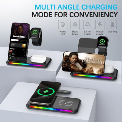 IHAO 3in1 Multifunctional Foldable Wireless Charging Station with LED Ambient Night Light Fast QC3.0 Charger for Phone, iWatch, Headphone Space-Saving Auto-Shutoff & Overcharge Protection-Black - color: 3in1 Wireless Charger K88 Black