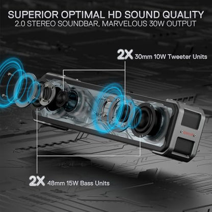 Redragon GS817 RGB Desktop Soundbar, 2.0 Channel Stereo Speakers for Desktop w/Massive 30W Max Power, Touch-Control, Wireless 5.3 & 3.5mm AUX Inputs, Black