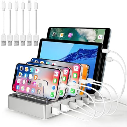 Charging Station for Multiple Devices, 6 Ports Multi Devices USB Charger Fast Cell Phone Charging Station for iPhone iPad Tablet (Silver, 6 Mixed Cables Included)