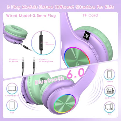 Candy Bila Kids Bluetooth 6.0 Headphones, LED Light, 85Hours Playtime - color: Green and Purple