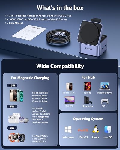 BENFEI 3-in-1 Foldable MagSafe Charger Stand with USB C Hub, Wireless Charging Station for iPhone 16/15/14/13/12, Apple Watch & AirPods, Supporting HDMI (4K@60Hz), 100W PD, 2X USB 3.0 (5Gbps)