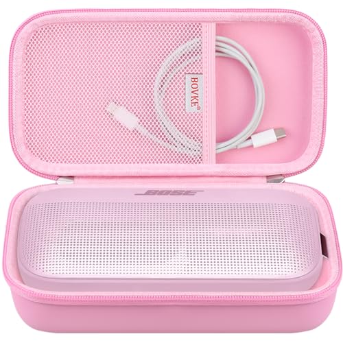 BOVKE Hard Travel Speaker Case for Bose New SoundLink Flex Speaker (2nd Gen) / Bose SoundLink Flex Bluetooth Portable Speaker, Extra Mesh Pocket for Bose Speaker Charger, Charging Cables, Petal Pink - color: Petal Pink