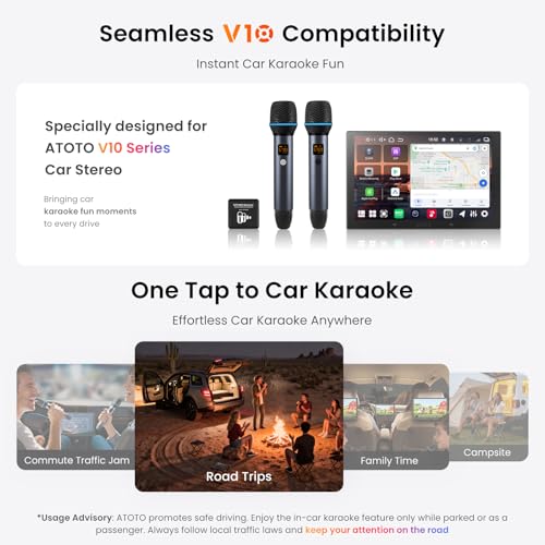 Wireless Microphone Kit, Dual Handheld Rechargeable Karaoke Mics with Receiver, Low Latency, 15m/49ft Range, 6H Duration, Compatible with V10 Series Car Stereo for Singing Party