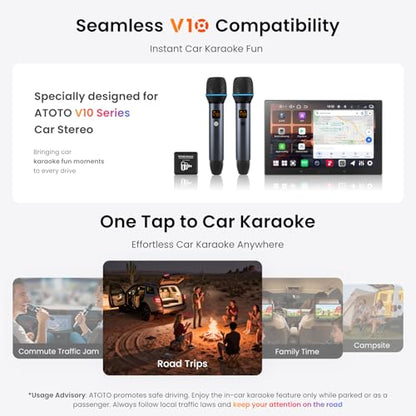 Wireless Microphone Kit, Dual Handheld Rechargeable Karaoke Mics with Receiver, Low Latency, 15m/49ft Range, 6H Duration, Compatible with V10 Series Car Stereo for Singing Party