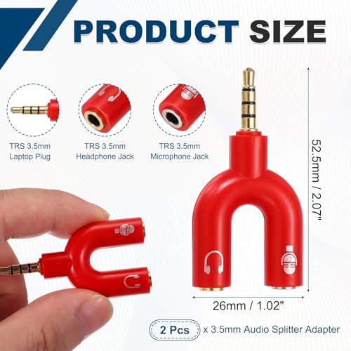 MECCANIXITY 2Pcs Headset Mic Splitter Adapter, 3.5mm Male to Dual Female Y Splitter Microphone and Audio Jack Adapter for PC Laptop Smartphone, Red - color: Red